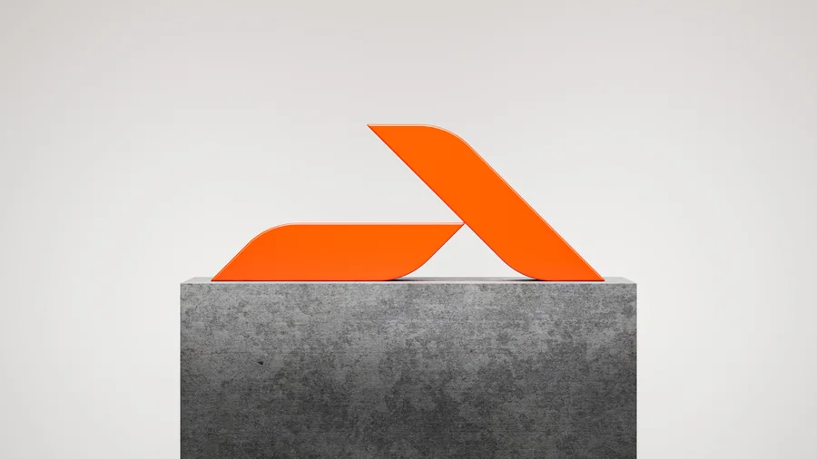 Znak AirShield kot oranžen izrezan kos na betonskem podstavku, 3D render