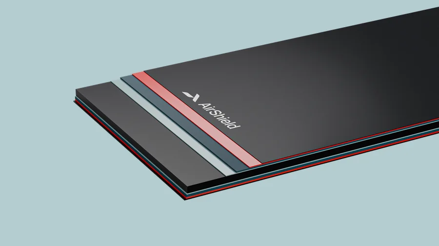 Znak AirShield na robu zloženih panelov, 3D render