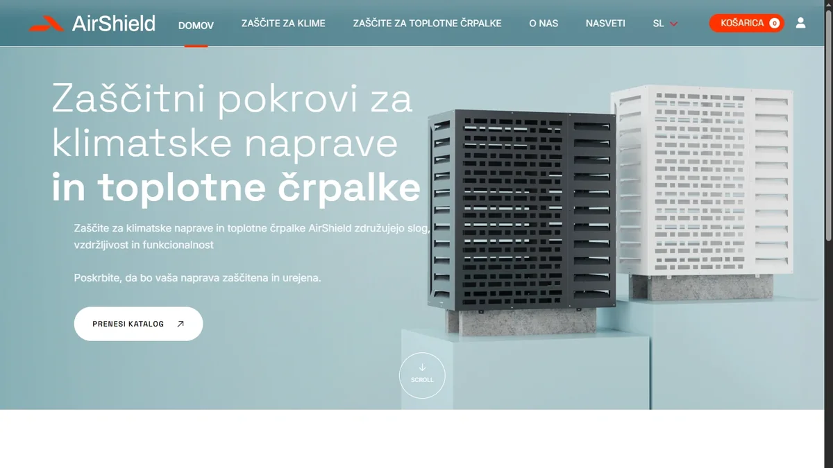 Naslovnica spletne trgovine AirShield z renderjem v glavi strani