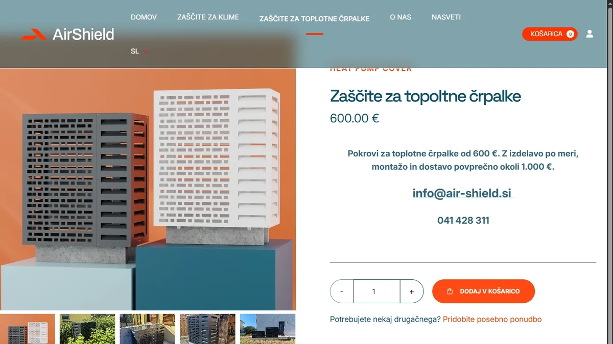 Stran izdelka v spletni trgovini AirShield z renderjem in galerijo