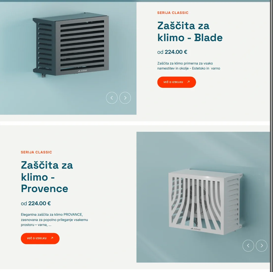 Seznam izdelkov AirShield, modela Blade in Provence, s studijskimi renderji