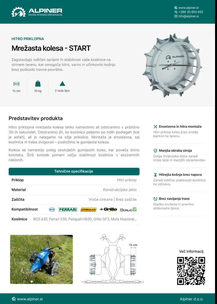 Tehnični list za mrežasta kolesa START: render, tabela specifikacij, risba kosilnice s kotiranim kolotekom in koda QR