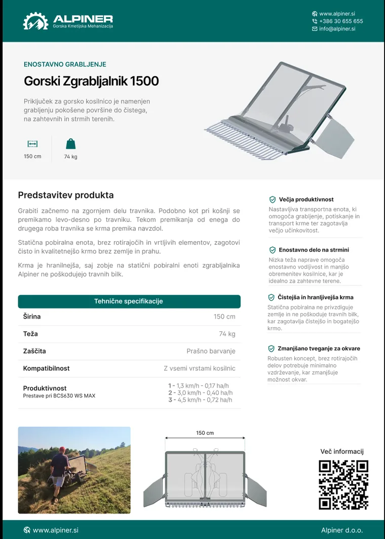 Tehnični list za gorski zgrabljalnik 1500