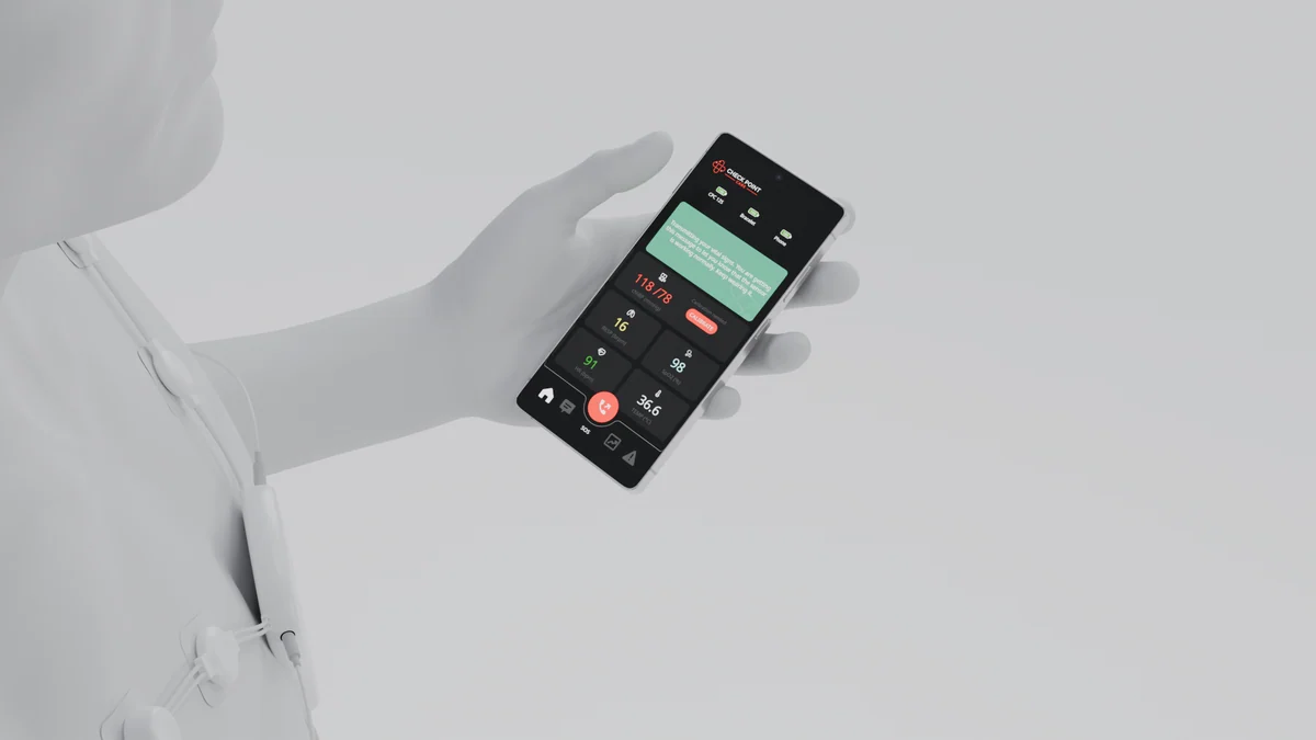 Odčitek vitalnih znakov na telefonu ob nameščeni napravi, 3D render 2026