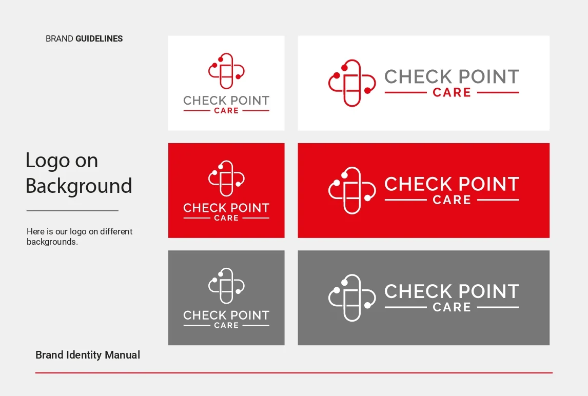 Znak Check Point Care na beli, rdeči in sivi podlagi, stran iz brand guida