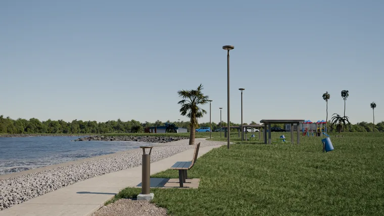 Obmorska promenada s svetilkami RSL podnevi, 3D render