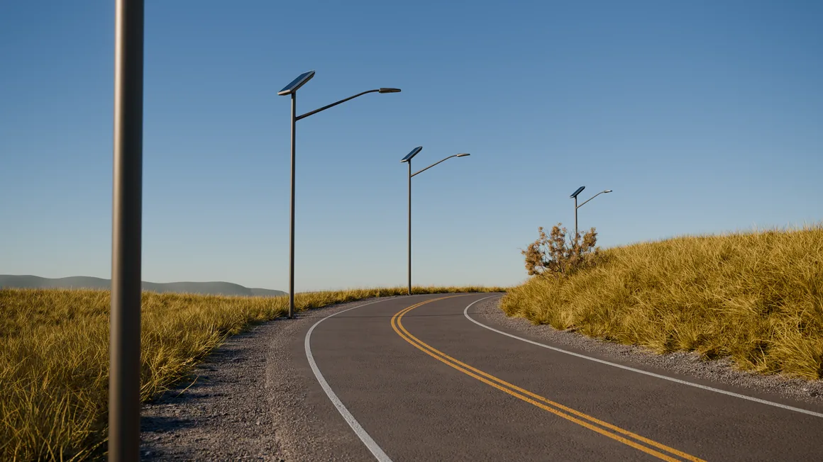 Cesta s solarnimi svetilkami BFL podnevi, 3D render