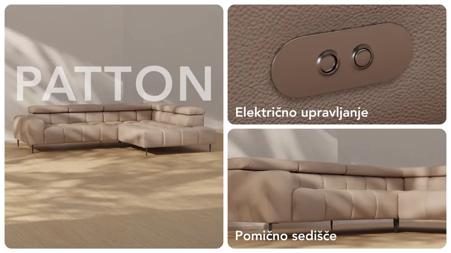 Patton v glavnem kadru, ob njem panela z električnim upravljanjem in pomičnim sediščem