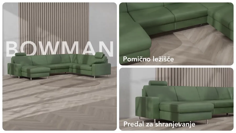 Bowman v glavnem kadru, ob njem panela s pomičnim ležiščem in predalom za shranjevanje
