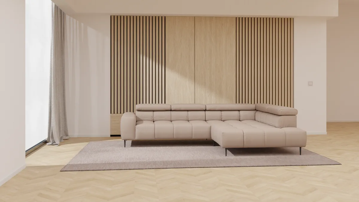 Sedežna garnitura pred leseno stensko oblogo, 3D render