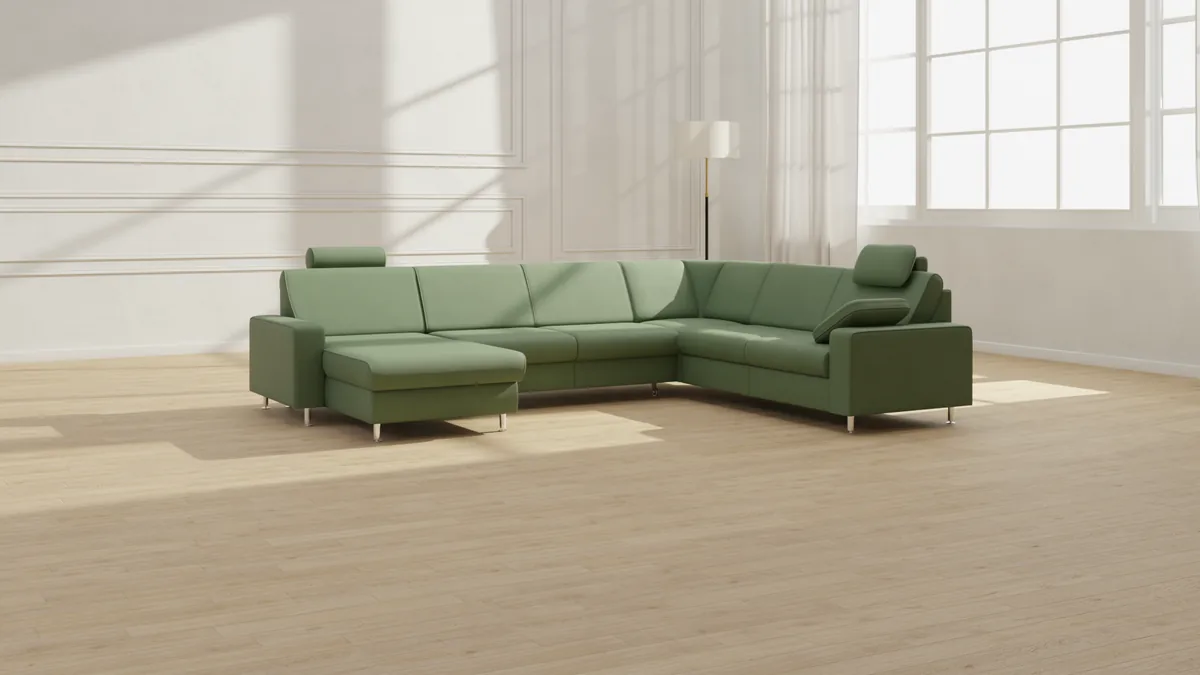 Zelena garnitura v postavitvi U pod visokimi okni, 3D render