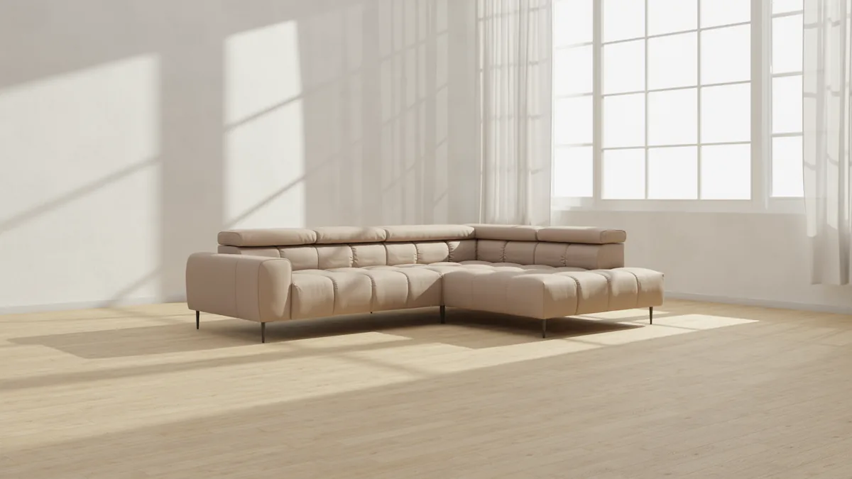 Sedežna garnitura v svetlem dnevnem prostoru, 3D render