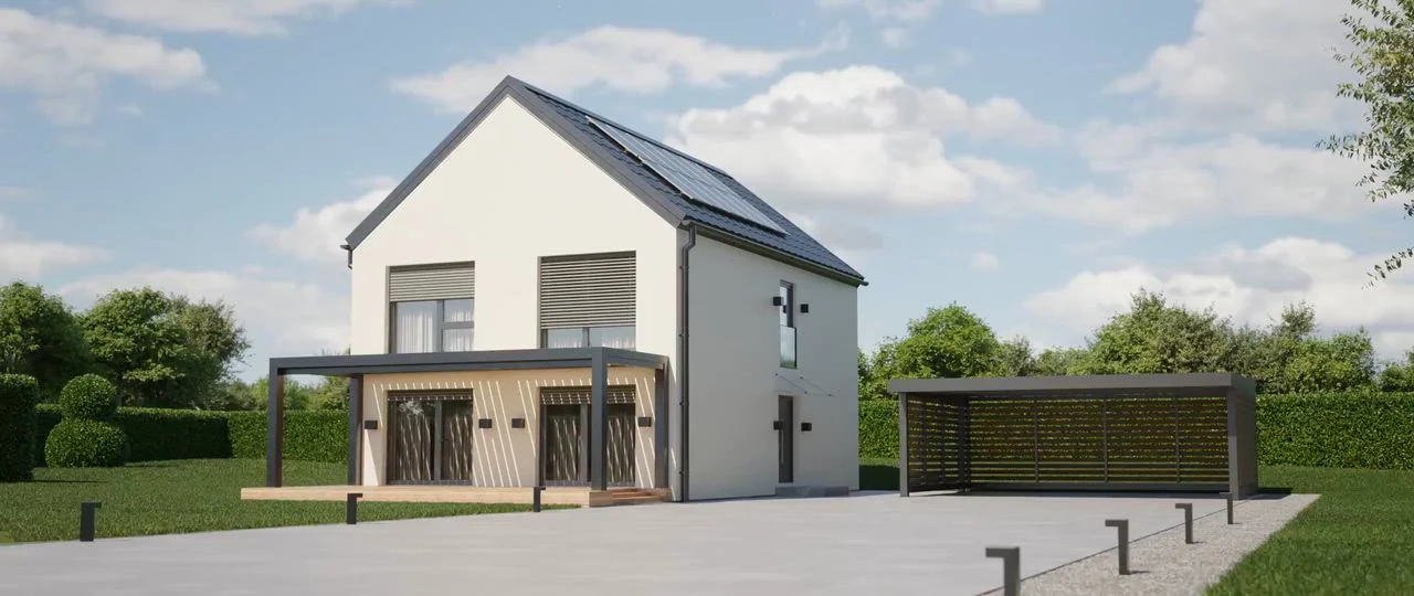 Hiša LuxHouse z dovozom in ograjo, arhitekturni render