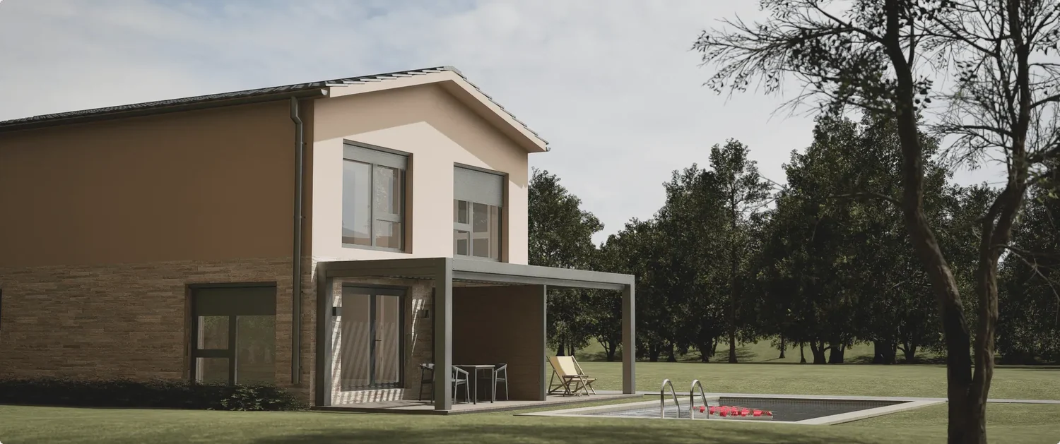 Modularna hiša LuxHouse s teraso in bazenom, arhitekturni render