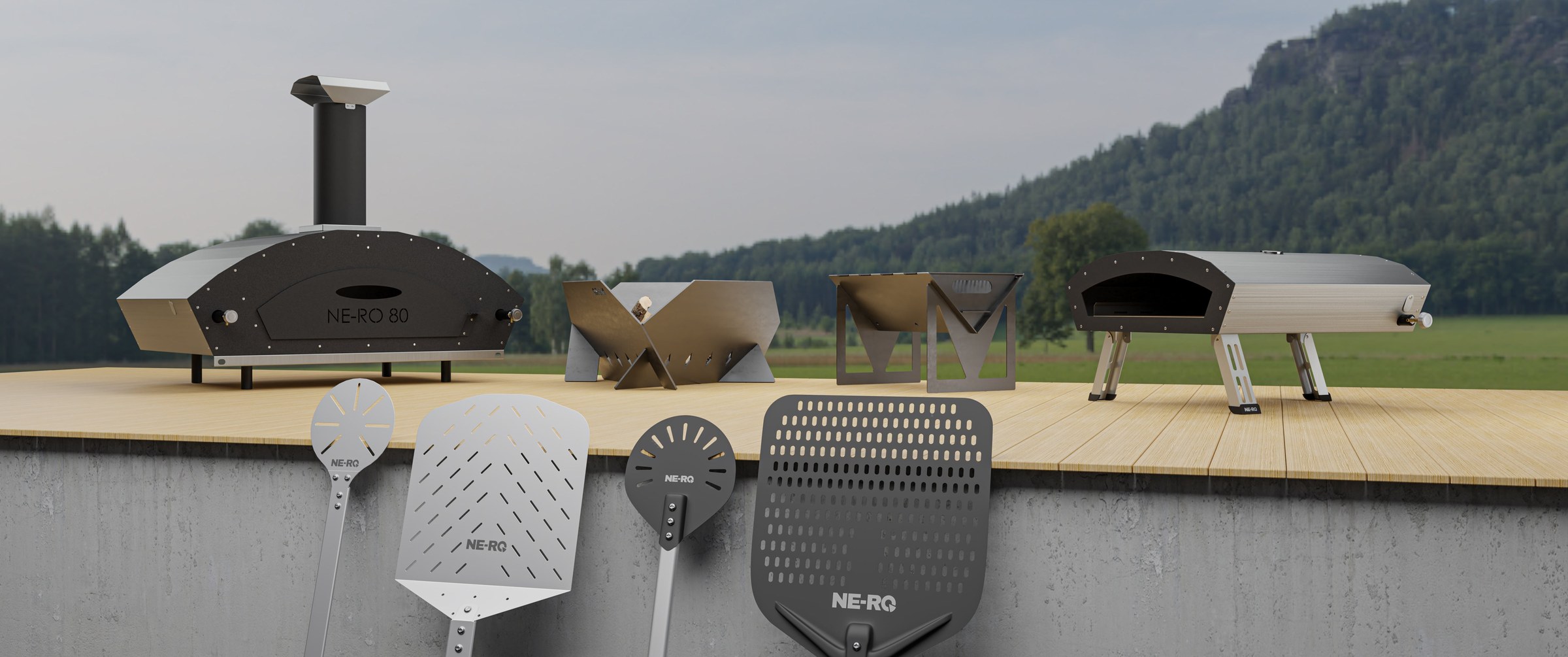 Linija NeRo na terasi: peči NE-RO 80 in NE-RO 40, ognjišče, žar Grill Go in set lopat, 3D render