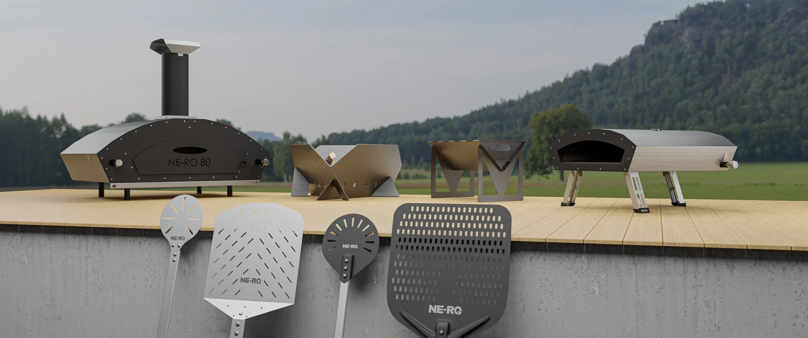Cela linija NeRo na terasi: peči, ognjišče, žar in lopate, 3D render v okolju