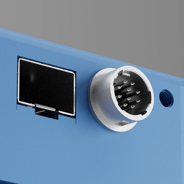 Priključek za napajanje in vtičnica SFP+ na boku kamere, bližnji 3D render, Optomotive