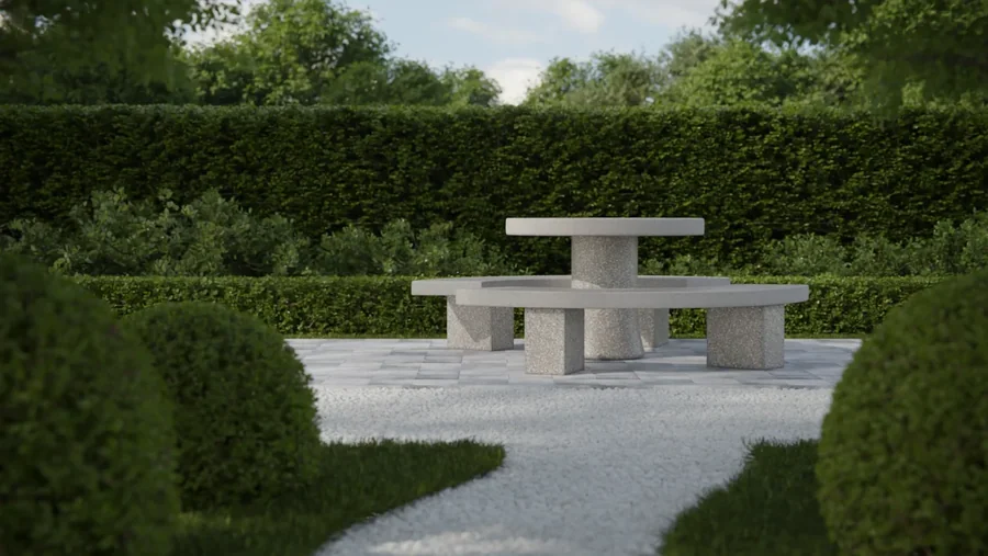 Betonski koš in klop ob pešpoti, 3D render, Pučko