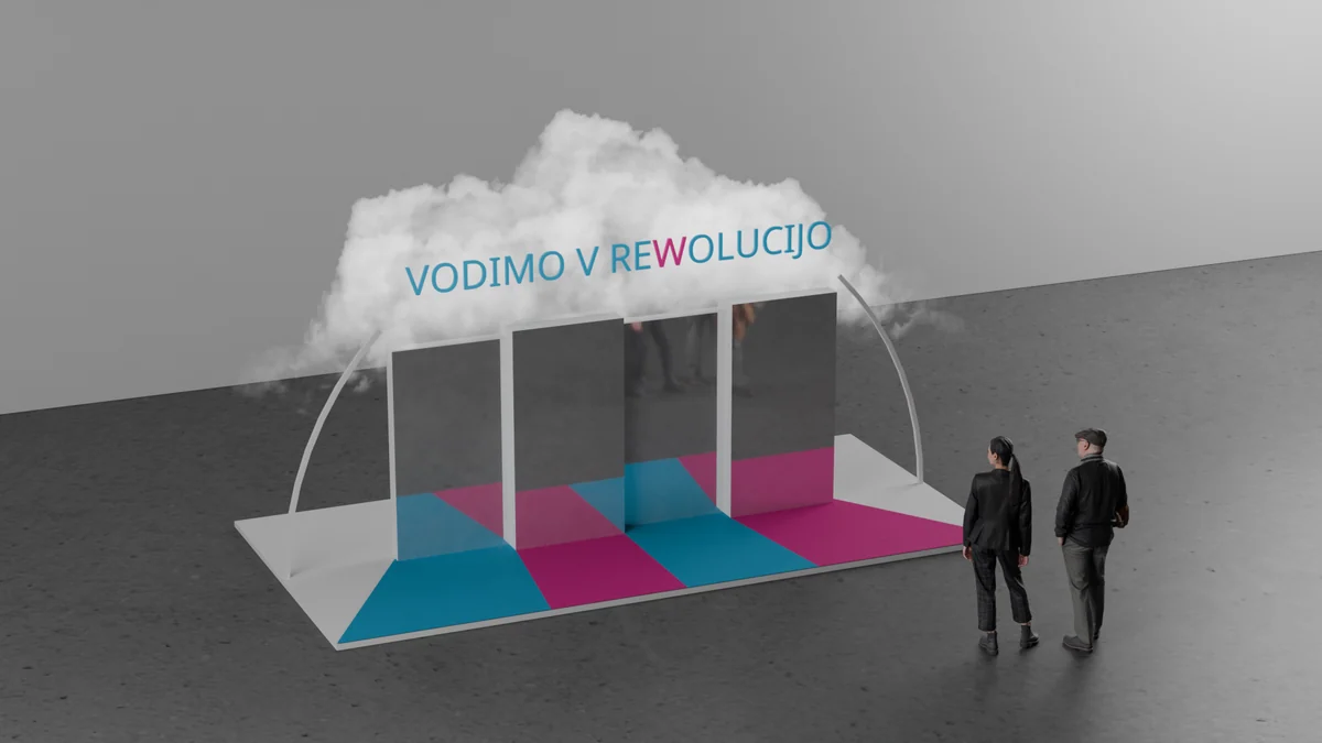 Oblak z napisom nad vhodnim portalom, 3D render