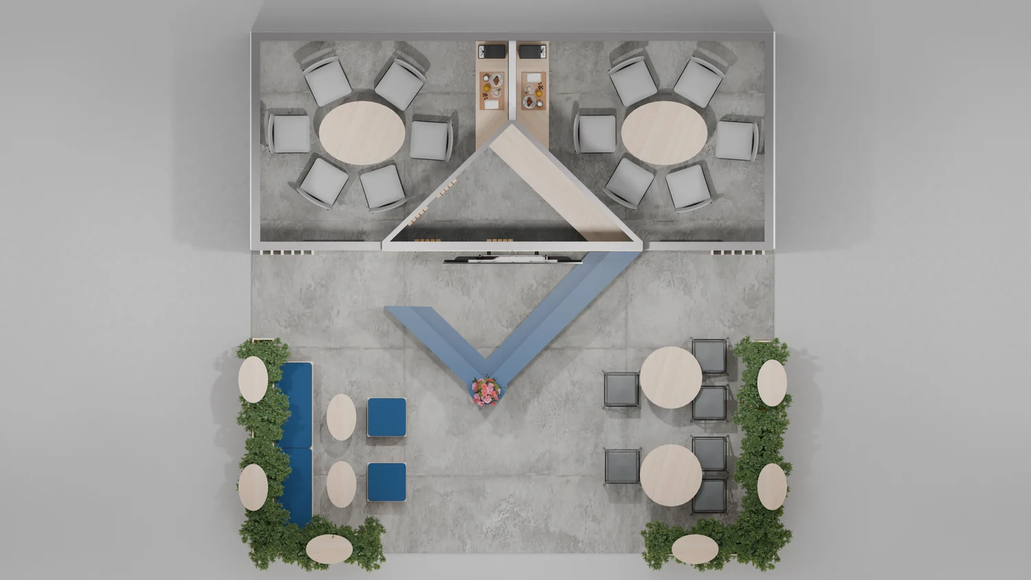 Tlorisni render stojnice z zasaditvijo in sedeži