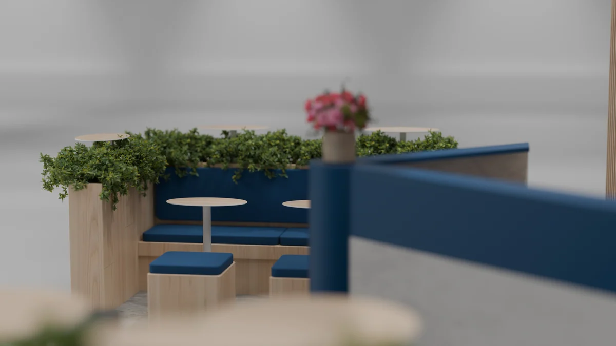 Sedežni del stojnice z mizami in zasaditvijo, 3D render