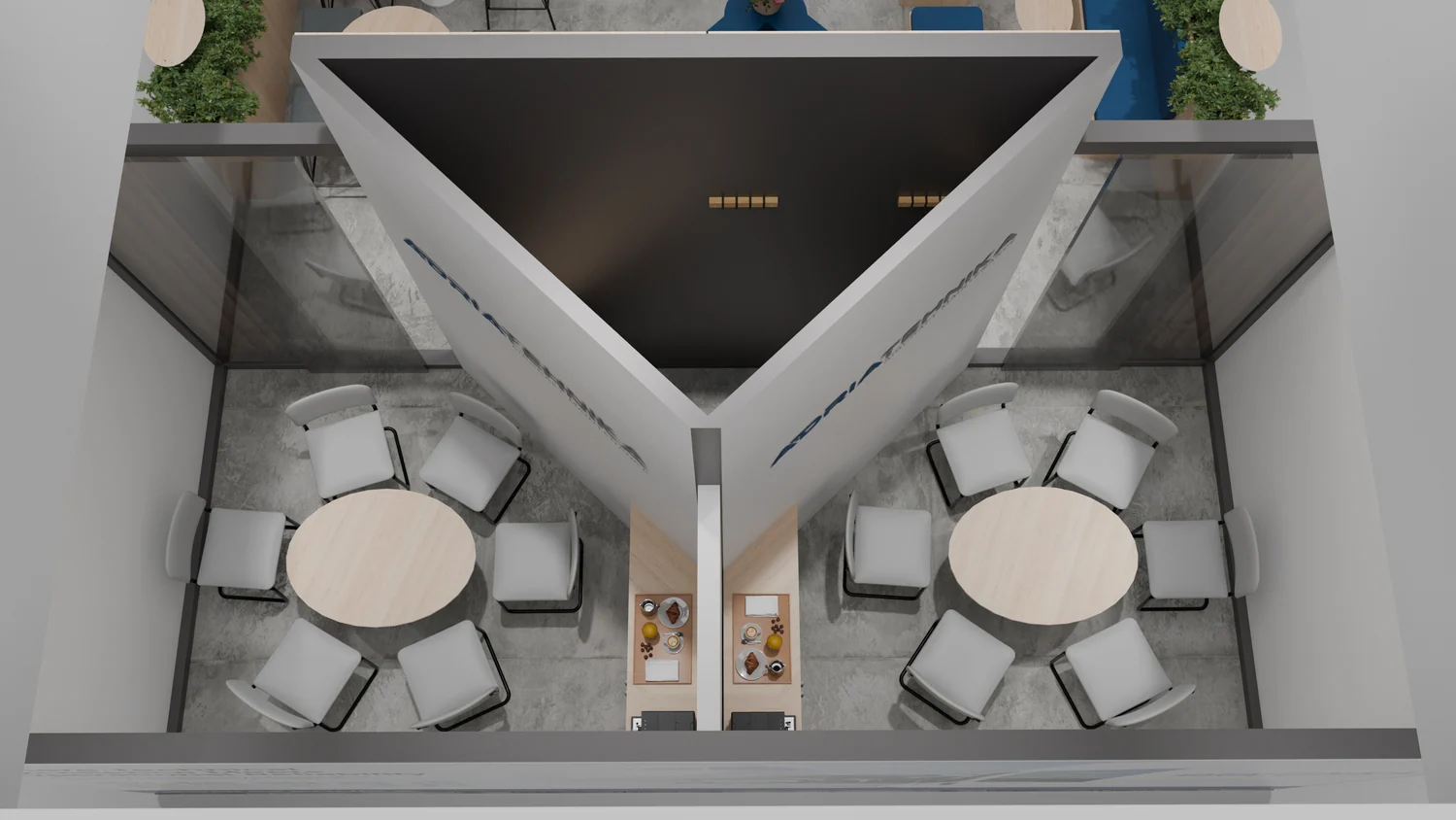 Stojnica Adria Tehnika od zgoraj, vidna razporeditev pohištva, 3D render