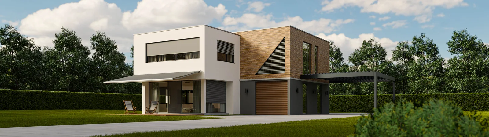 Hiša s senčili v ultraširokem kadru, 3D render, Tehrol